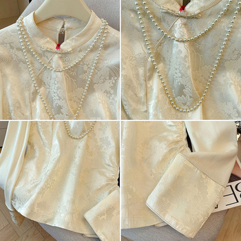 Svilena bluza za žene s vezom i jacquard detaljima, okrugli izrez, dugi rukavi