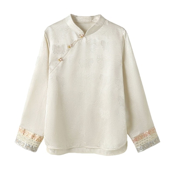 Svilena bluza za žene s vezom i jacquard detaljima, okrugli izrez, dugi rukavi