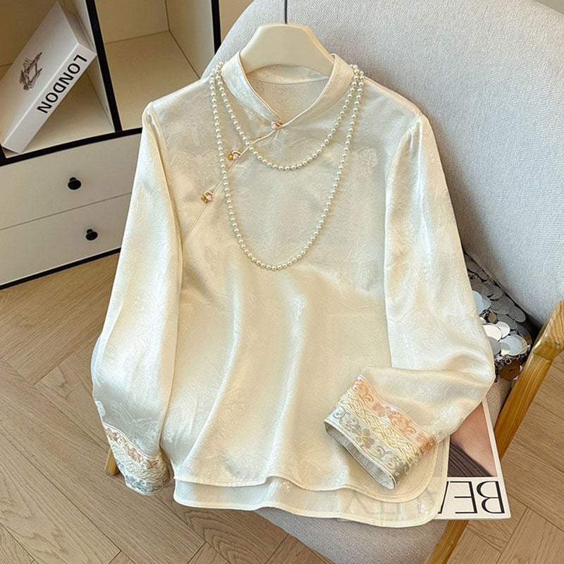Svilena bluza za žene s vezom i jacquard detaljima, okrugli izrez, dugi rukavi