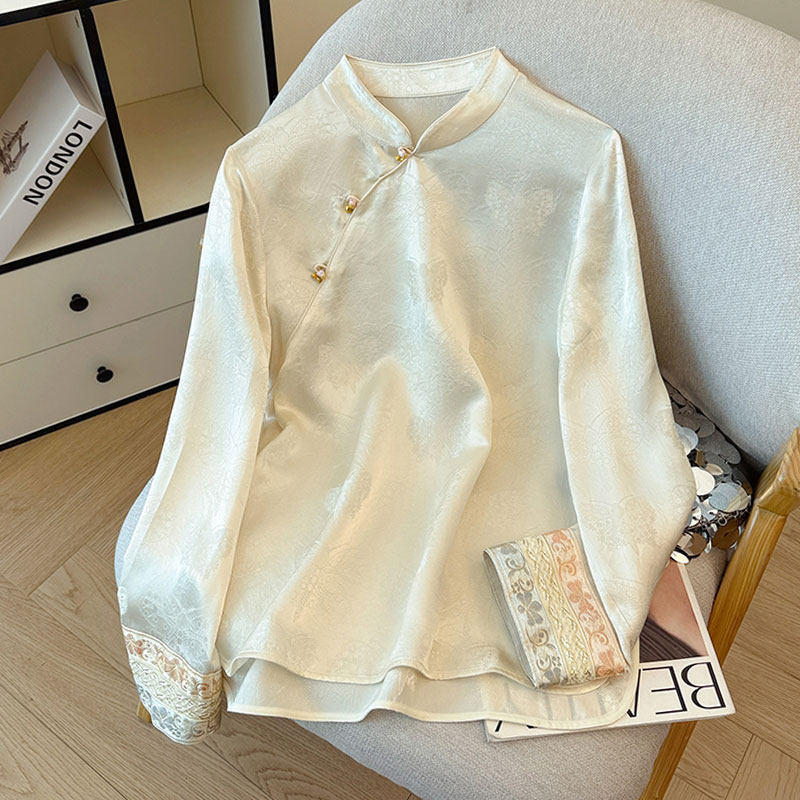 Svilena bluza za žene s vezom i jacquard detaljima, okrugli izrez, dugi rukavi