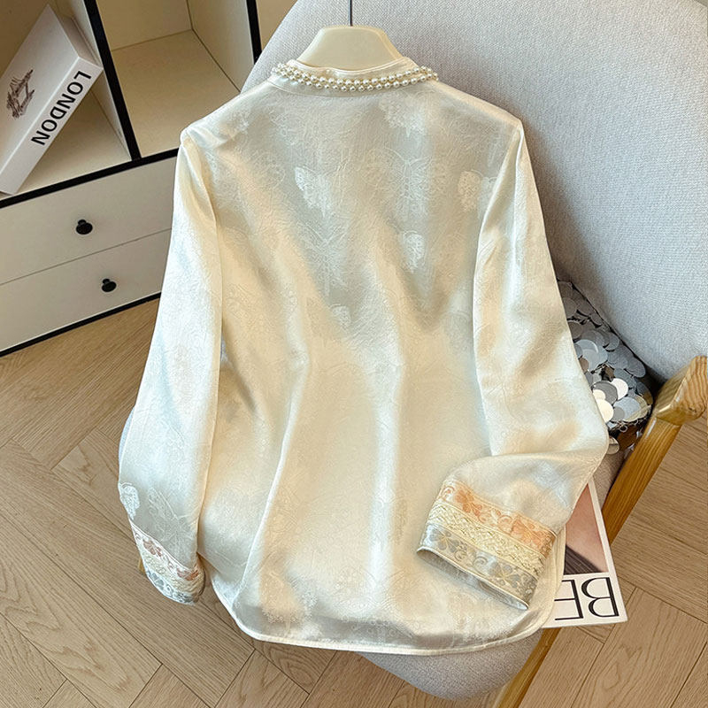 Svilena bluza za žene s vezom i jacquard detaljima, okrugli izrez, dugi rukavi