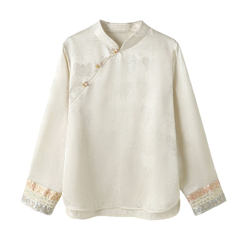 Svilena bluza za žene s vezom i jacquard detaljima, okrugli izrez, dugi rukavi