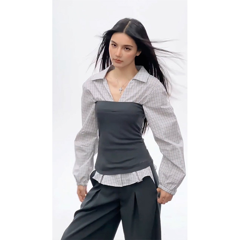 Ženska bluza sa uskim strukom, lažno dvodjelna, karirani patchwork s ovratnikom