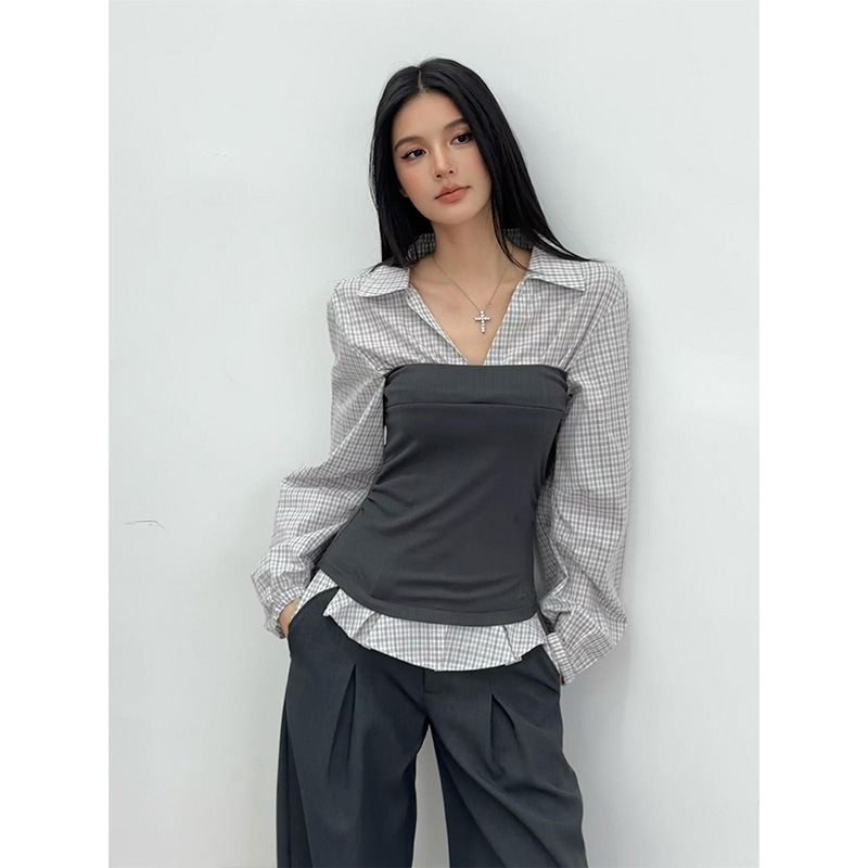 Ženska bluza sa uskim strukom, lažno dvodjelna, karirani patchwork s ovratnikom