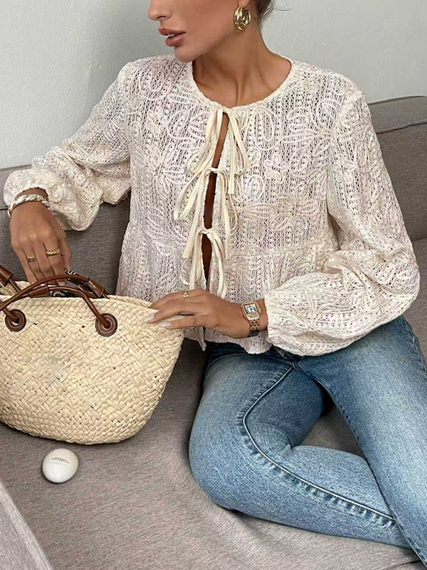 Ženska bluza-cardigan s mašnicom i vezom, dugi rukavi, V izrez, poliester, jesen 2025