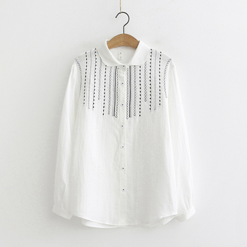 Ženska bijela pamučna bluza s izvezenim uzorkom, ležernog kroja, dugi rukav, japanski stil, top za bazu