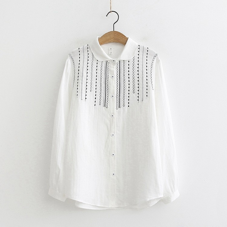 Ženska bijela pamučna bluza s izvezenim uzorkom, ležernog kroja, dugi rukav, japanski stil, top za bazu