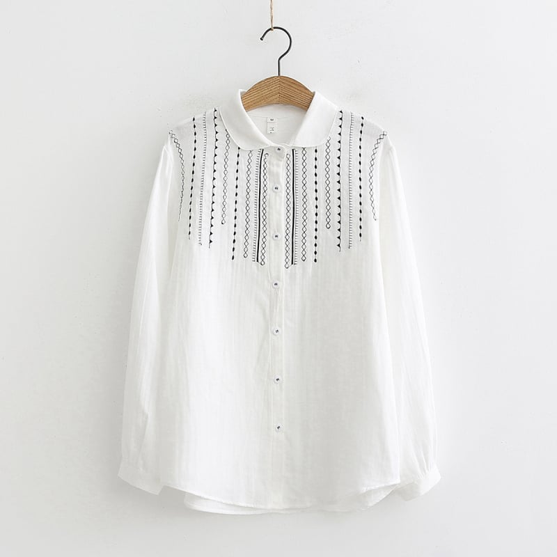 Ženska bijela pamučna bluza s izvezenim uzorkom, ležernog kroja, dugi rukav, japanski stil, top za bazu