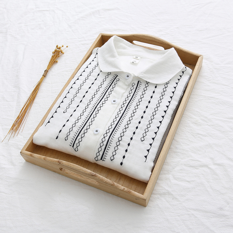 Ženska bijela pamučna bluza s izvezenim uzorkom, ležernog kroja, dugi rukav, japanski stil, top za bazu