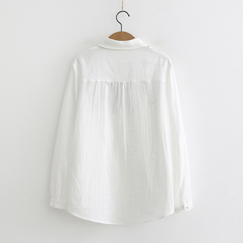 Ženska bijela pamučna bluza s izvezenim uzorkom, ležernog kroja, dugi rukav, japanski stil, top za bazu