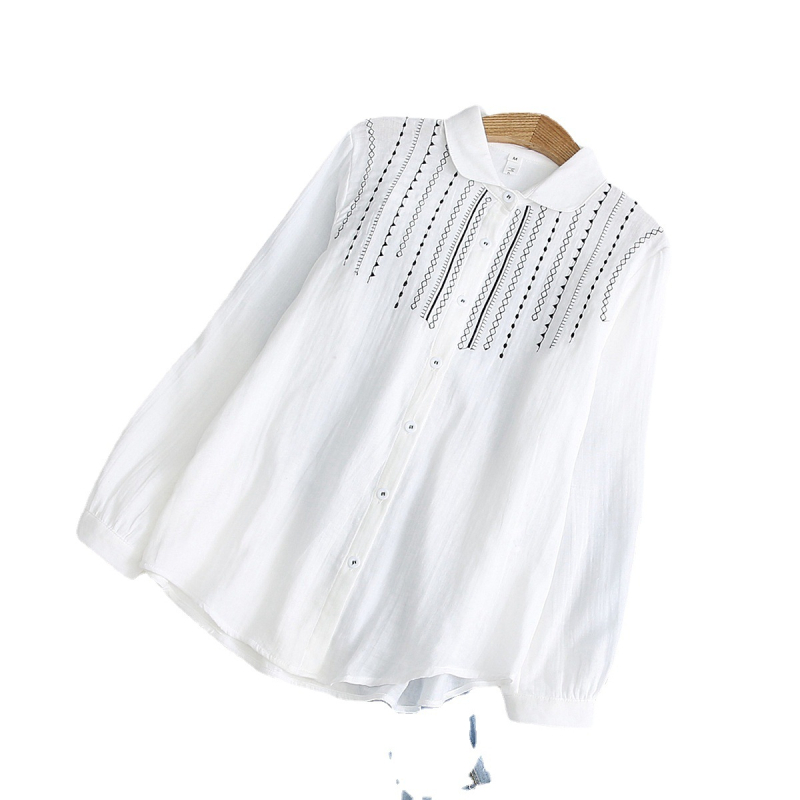 Ženska bijela pamučna bluza s izvezenim uzorkom, ležernog kroja, dugi rukav, japanski stil, top za bazu