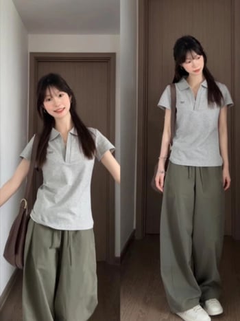 Ženski polo top u korejskom stilu, kratki rukavi, uski kroj, ljeto 2026, retro casual top