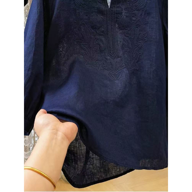 Ženska bluza s tri četvrt rukava, s ukrasnim vezom na mješavini pamuka i lana, lagani ljetni top u francuskom stilu