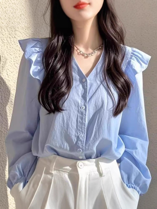 Ženska plava bluza s dugim rukavima, francuski stil, lagani luksuz, za ranu jesen