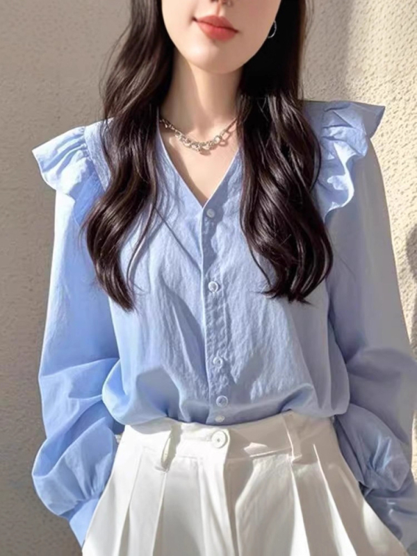Ženska plava bluza s dugim rukavima, francuski stil, lagani luksuz, za ranu jesen