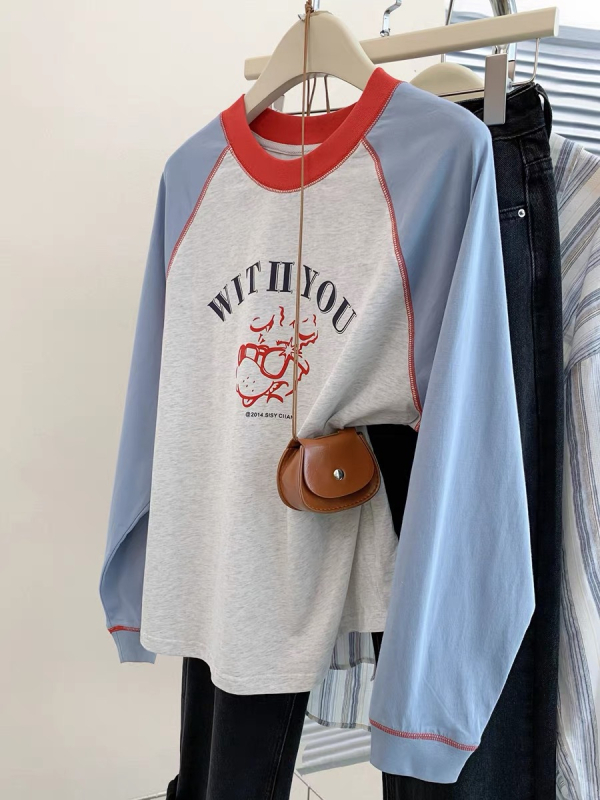 Ženski pamukasti T‑shirt s blokovima boja i raglan rukavima, dugi rukav, udoban kroj, top za osnovni sloj, jesen 2025