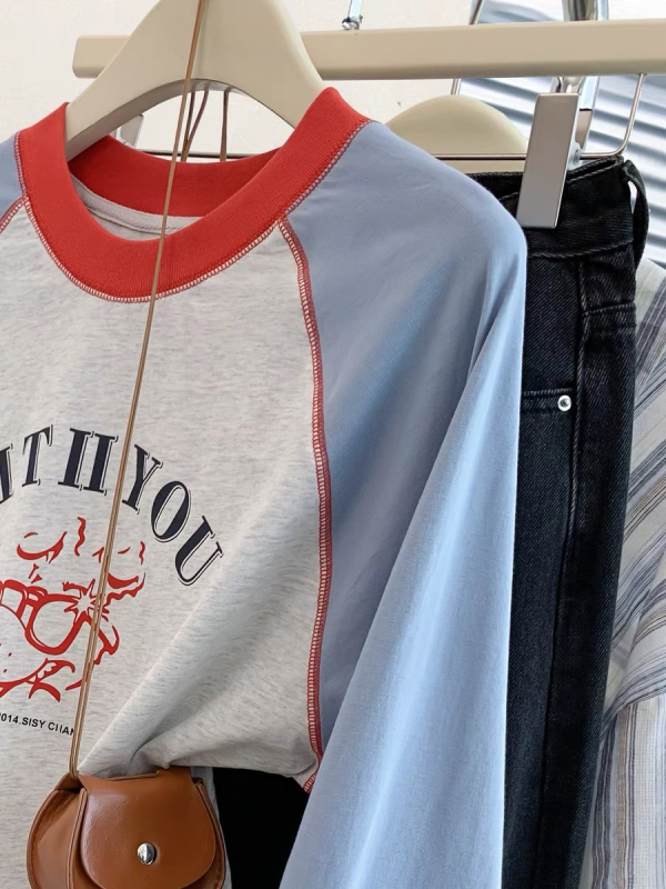 Ženski pamukasti T‑shirt s blokovima boja i raglan rukavima, dugi rukav, udoban kroj, top za osnovni sloj, jesen 2025