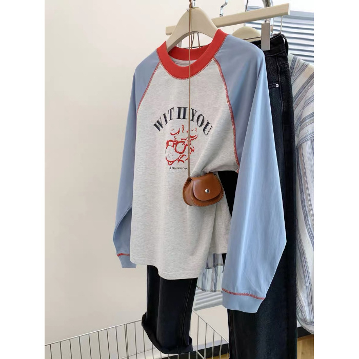 Ženski pamukasti T‑shirt s blokovima boja i raglan rukavima, dugi rukav, udoban kroj, top za osnovni sloj, jesen 2025