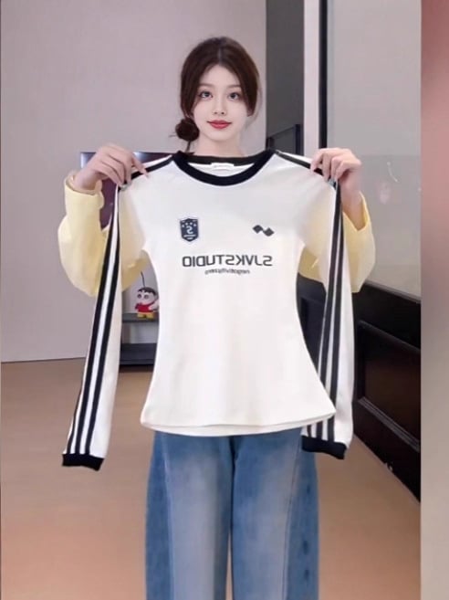 Novo jesensko T-shirt s okruglim izrezom i dugim rukavima, blok boja, uski kroj, fakultetski stil