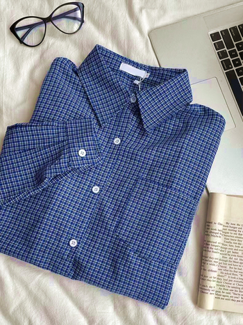 Ženska plavo-karirana košulja, ležerni kroj, američki retro stil, zaštita od sunca, korejski stil