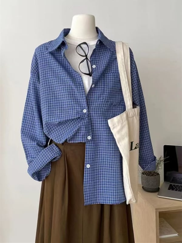 Ženska plavo-karirana košulja, ležerni kroj, američki retro stil, zaštita od sunca, korejski stil