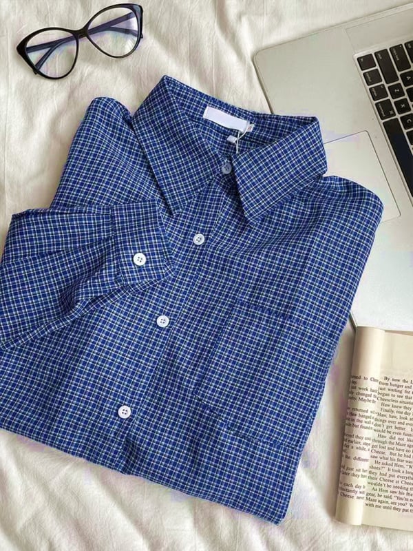 Ženska plavo-karirana košulja, ležerni kroj, američki retro stil, zaštita od sunca, korejski stil