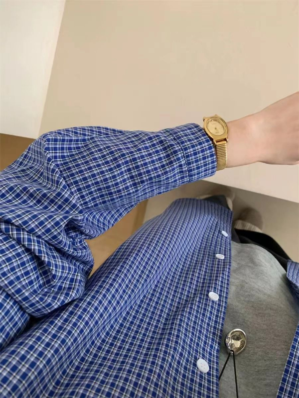 Ženska plavo-karirana košulja, ležerni kroj, američki retro stil, zaštita od sunca, korejski stil