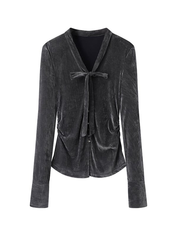 50126011 Baršunasti top s V izrezom i dugim rukavima, patchwork detalj