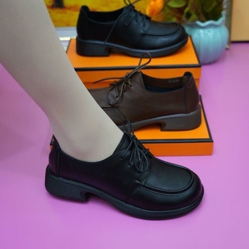 Ženske loaferice s debelim petom i vezicama, jesen 2025 - PU koža, retro stil, udobne i svestrane
