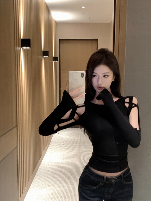 Crna ženska dizajnerska majica s izrezima, uski kroj, seksi za proljeće-ljeto