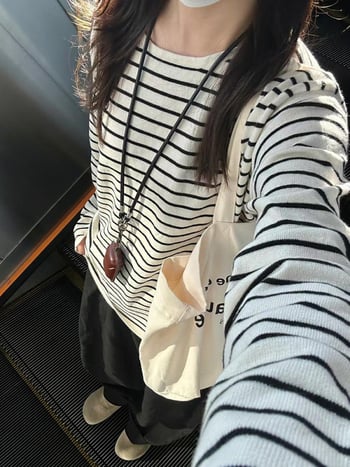 Ženski pamučni T-shirt s dugim rukavima, crno-bijele pruge, korejskog stila, opuštenog kroja
