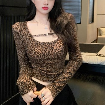 Ženski top od modala s dugim rukavima, 260 g, mašna, leopard uzorak, top bez ramena