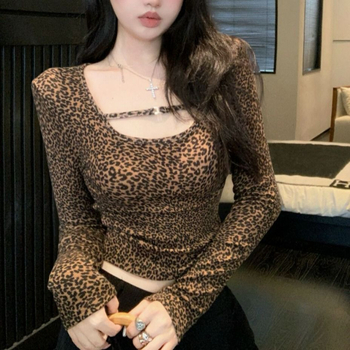 Ženski top od modala s dugim rukavima, 260 g, mašna, leopard uzorak, top bez ramena