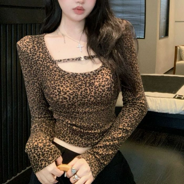 Ženski top od modala s dugim rukavima, 260 g, mašna, leopard uzorak, top bez ramena