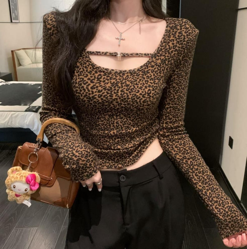 Ženski top od modala s dugim rukavima, 260 g, mašna, leopard uzorak, top bez ramena