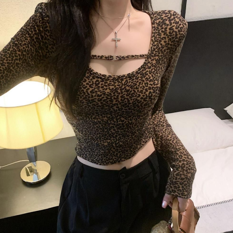 Ženski top od modala s dugim rukavima, 260 g, mašna, leopard uzorak, top bez ramena