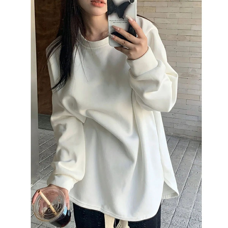 T-Shirt od velura u francuskom stilu za žene, bijeli osnovni top, zimska fleece podstava, debeli, udoban, s dugim rukavima