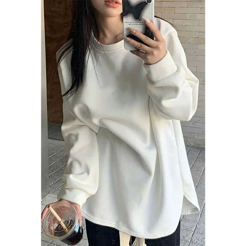 T-Shirt od velura u francuskom stilu za žene, bijeli osnovni top, zimska fleece podstava, debeli, udoban, s dugim rukavima