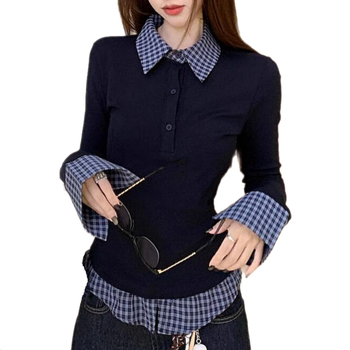 Ženska bluza s polo ovratnikom, lažni dvodjelni izgled, uski kroj, dugi rukavi, osnovni gornji dio