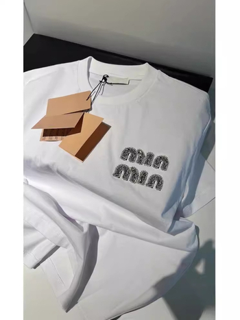 Ženski bijeli pamucni T-shirt kratkih rukava s kristalnim slovima, labav kroj, okrugli izrez, europski stil casual