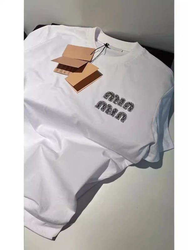 Ženski bijeli pamucni T-shirt kratkih rukava s kristalnim slovima, labav kroj, okrugli izrez, europski stil casual