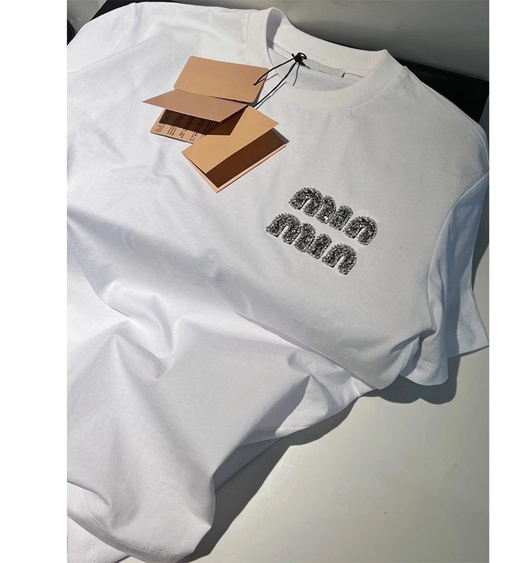 Ženski bijeli pamucni T-shirt kratkih rukava s kristalnim slovima, labav kroj, okrugli izrez, europski stil casual