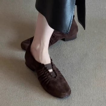 Ženske mokasine od ovčje kože, retro kvadratnog nosa s plisiranom gornjom stranom, niska potpetica