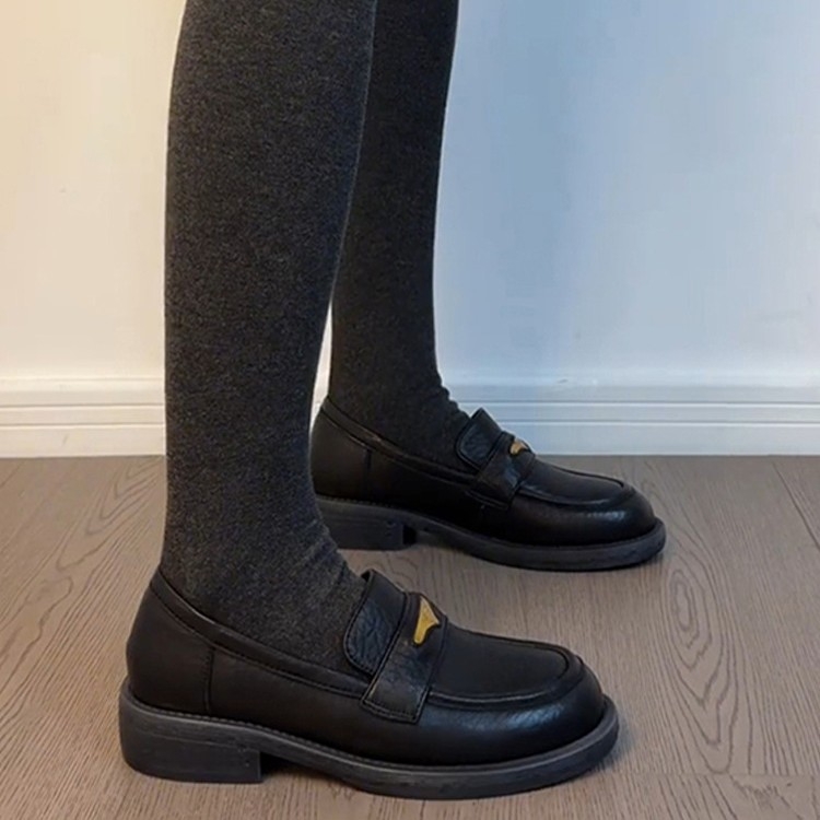 Britanske retro loaferice s okruglim nosom, slip-on, crne kožne ženske cipele s debelim potplatom