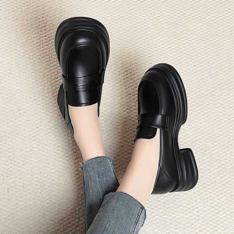 Ženske kožne loaferice s povećanjem visine, britanski stil, casual, s debelim potplatom, slip-on, jesen 2025