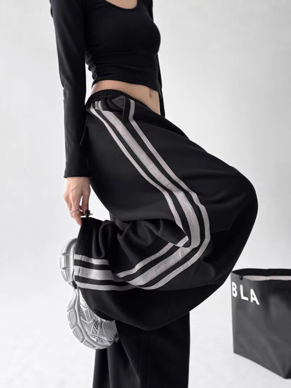 Ženske sportske hlače u američkom retro stilu s tri trake, širokog kroja, bočna traka, za hip-hop i street jazz ples, svakodnevne udobne hlače