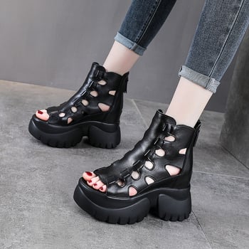 Ženske sandale od prave kože, s 9 cm povećanjem visine, otvoren dizajn, debela potpetica, visoka peta, rimski stil, casual sandale