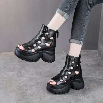 Ženske sandale od prave kože, s 9 cm povećanjem visine, otvoren dizajn, debela potpetica, visoka peta, rimski stil, casual sandale