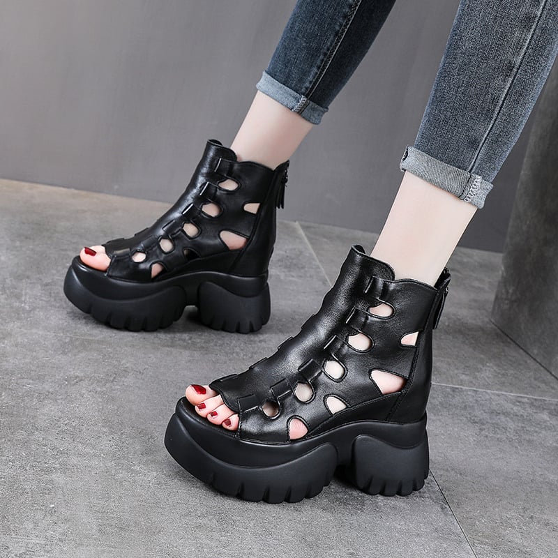 Ženske sandale od prave kože, s 9 cm povećanjem visine, otvoren dizajn, debela potpetica, visoka peta, rimski stil, casual sandale