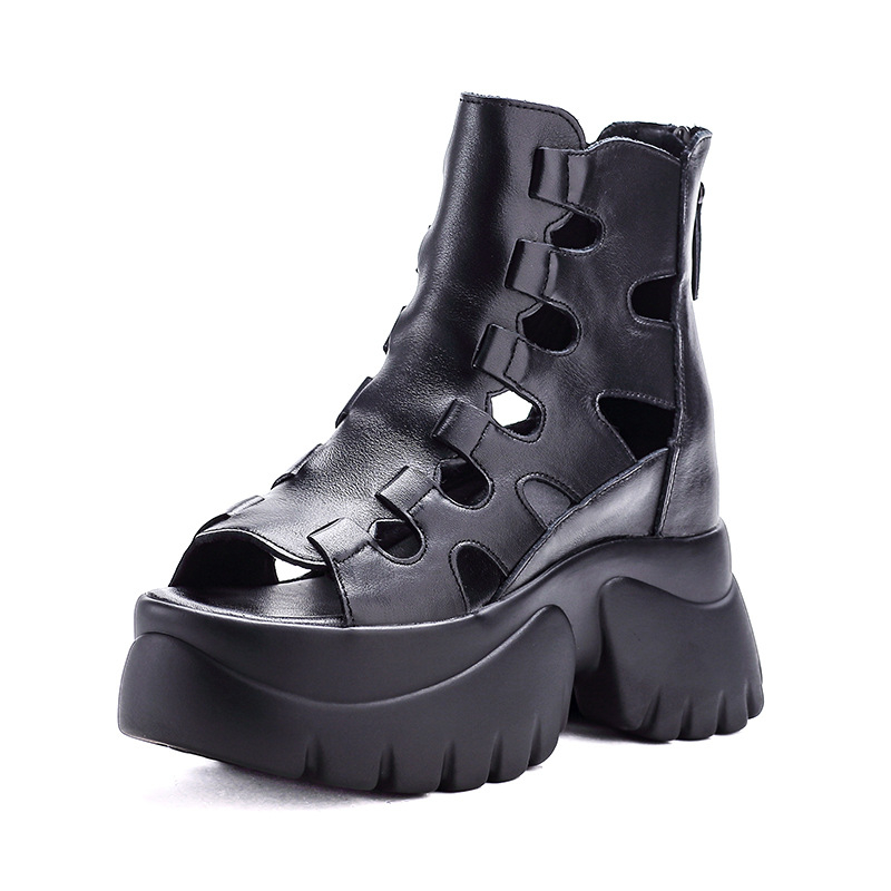 Ženske sandale od prave kože, s 9 cm povećanjem visine, otvoren dizajn, debela potpetica, visoka peta, rimski stil, casual sandale